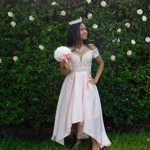 Beautiful Camille pink dress with clear stones.